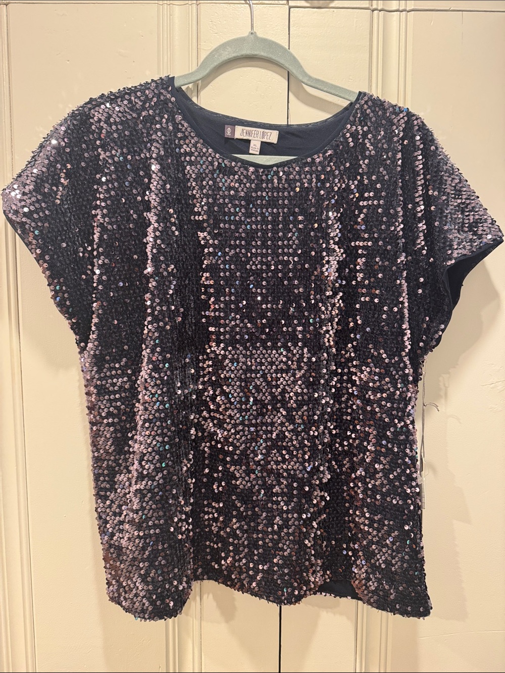 Jennifer Lopez Navy Sequin Short Sleeve Top
